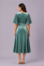 Flutter Sleeve Stretch Velvet Wrap Dress