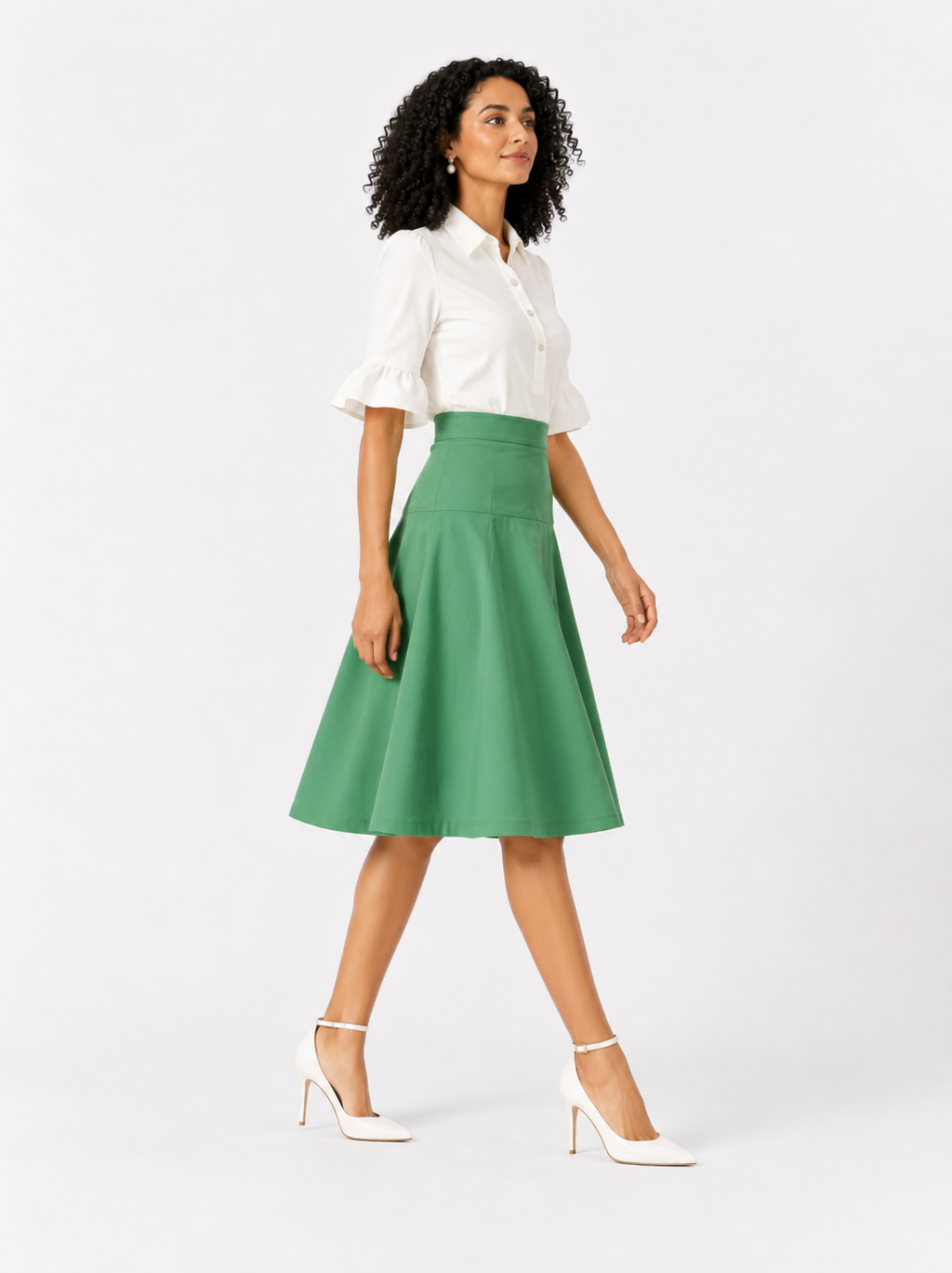 Mint Green High-Waisted Flared Midi Skirt