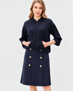 Women's Navy Blue Wool Knit Hoodie with Gold Button Skirt Set