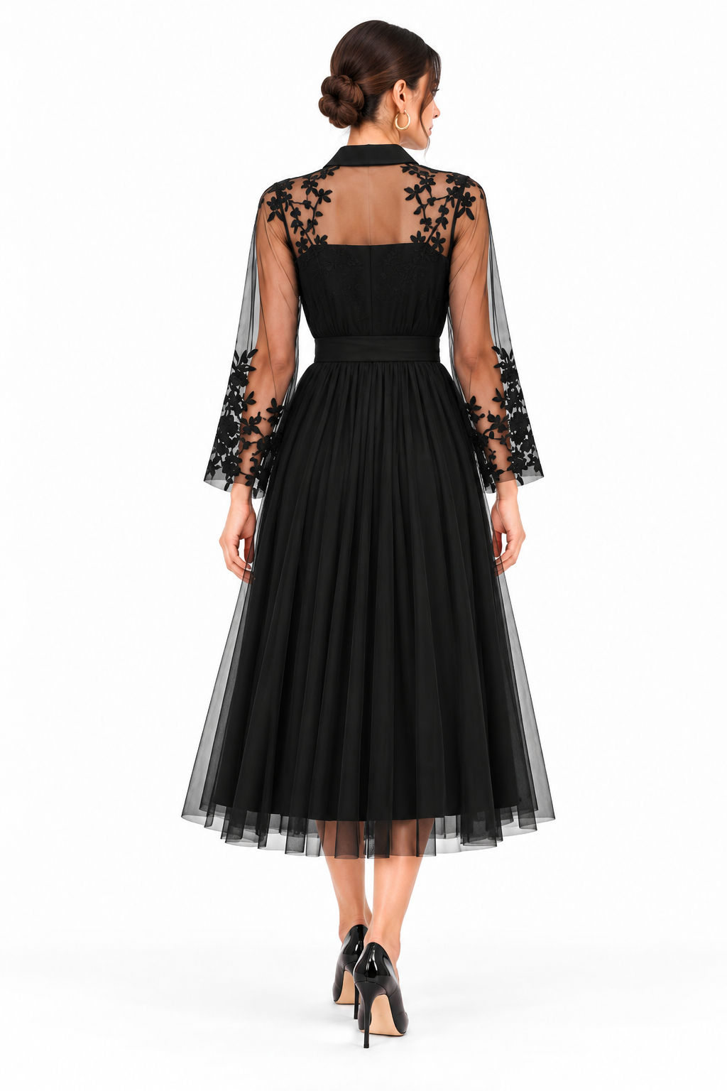 Black Sheer Tulle Embroidered Sleeve Midi Dress