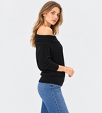 women's black wool blend rib knit off shoulder sweater