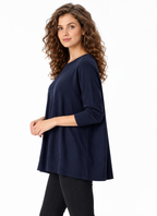 Women's Navy Blue Cotton Blend Knit Sweater with Crew Neck and Relaxed Fit