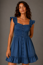 Blue Cotton Smocked Mini Dress