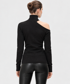 women's black cotton modal rib knit asymmetrical turtleneck top