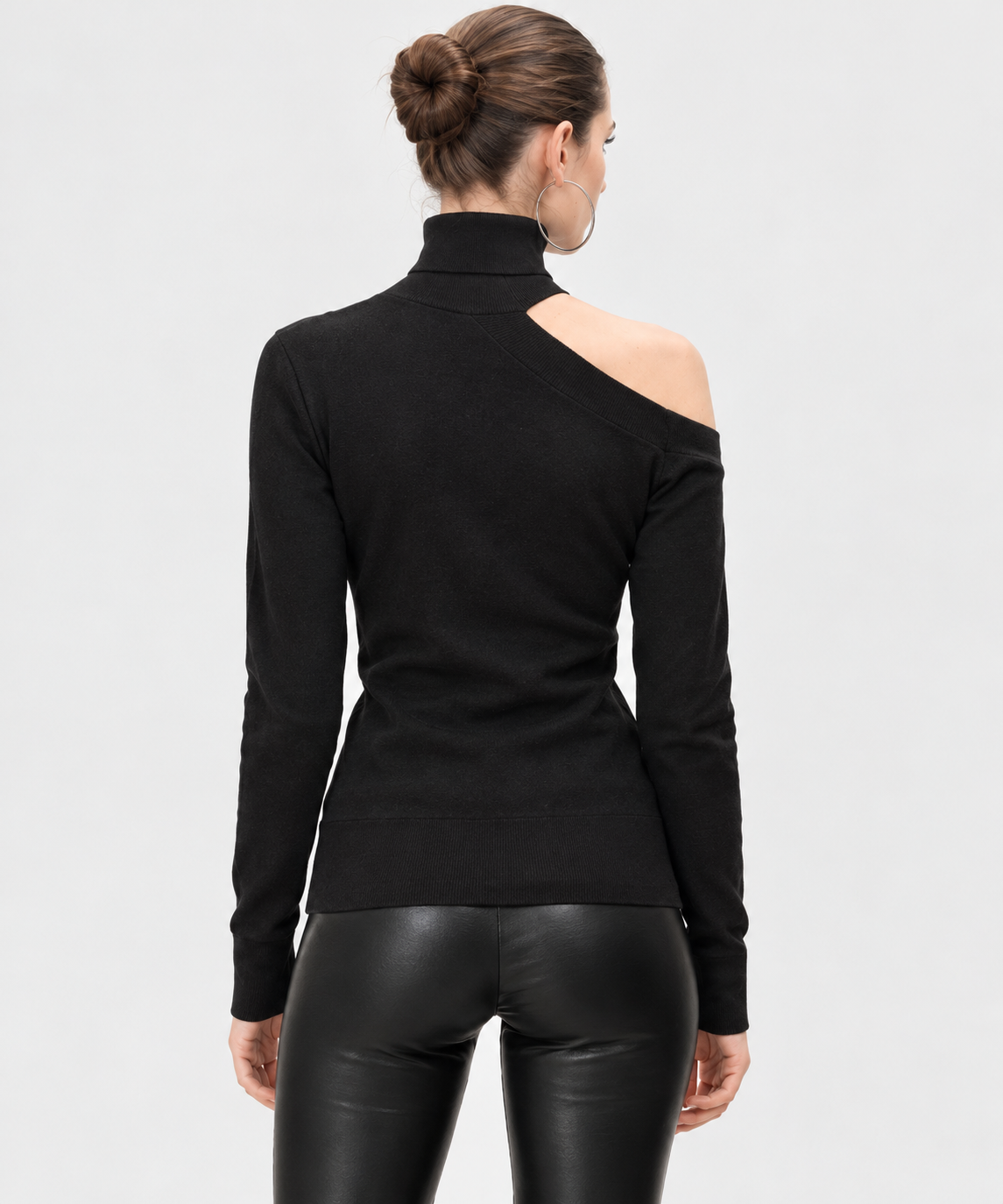 women's black cotton modal rib knit asymmetrical turtleneck top