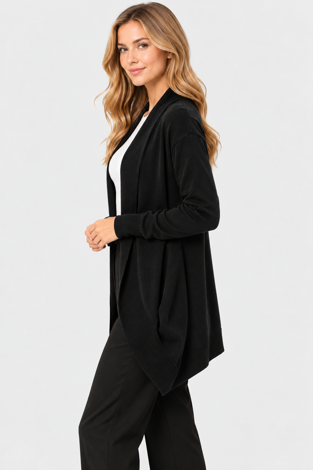Women's Black Wool Knit Open-Front Longline Cardigan with Shawl Collar