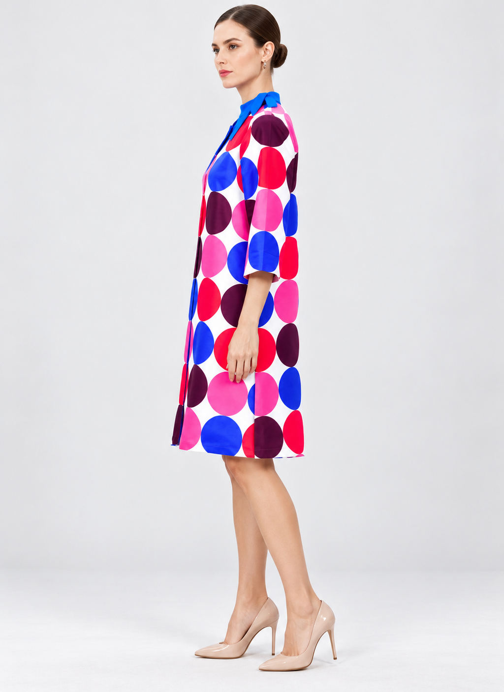 Women's Multicolor Polka Dot Dupioni Silk Coat Dress with Blue Bow Collar