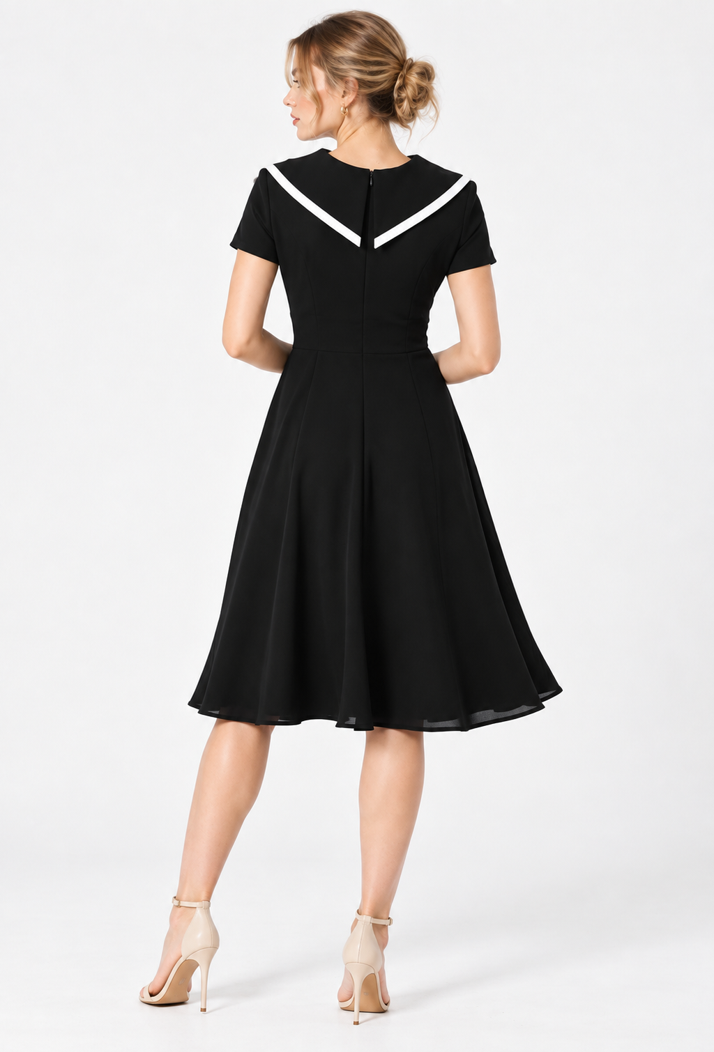 women's black crepe contrast V-neck fit and flare midi dress
