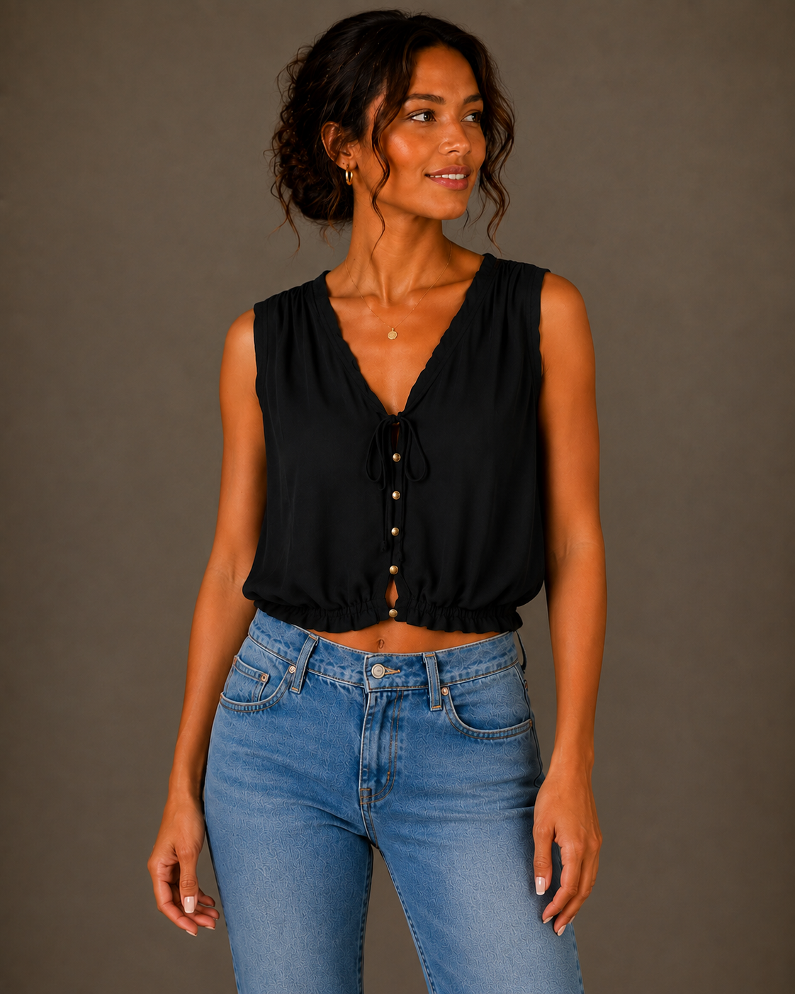 Black Cotton V-Neck Button-Front Crop Top with Drawstring Detail