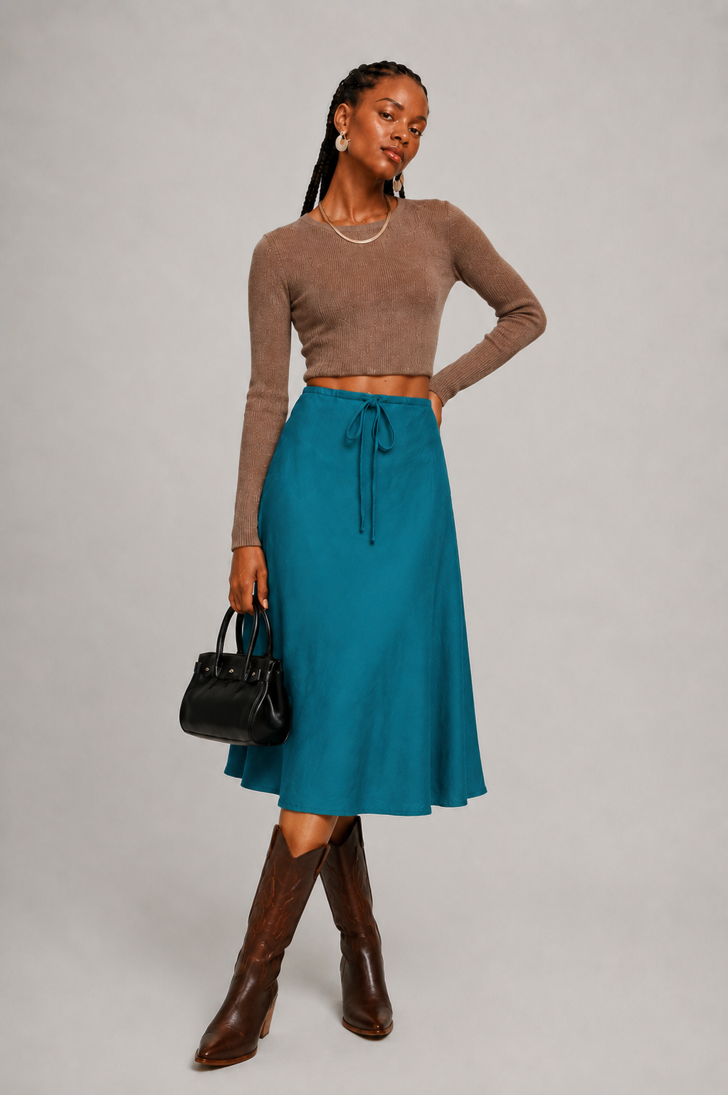 Teal Drawstring A-Line Midi Skirt