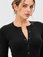 black rib knit linen cotton blend full-sleeve top for women