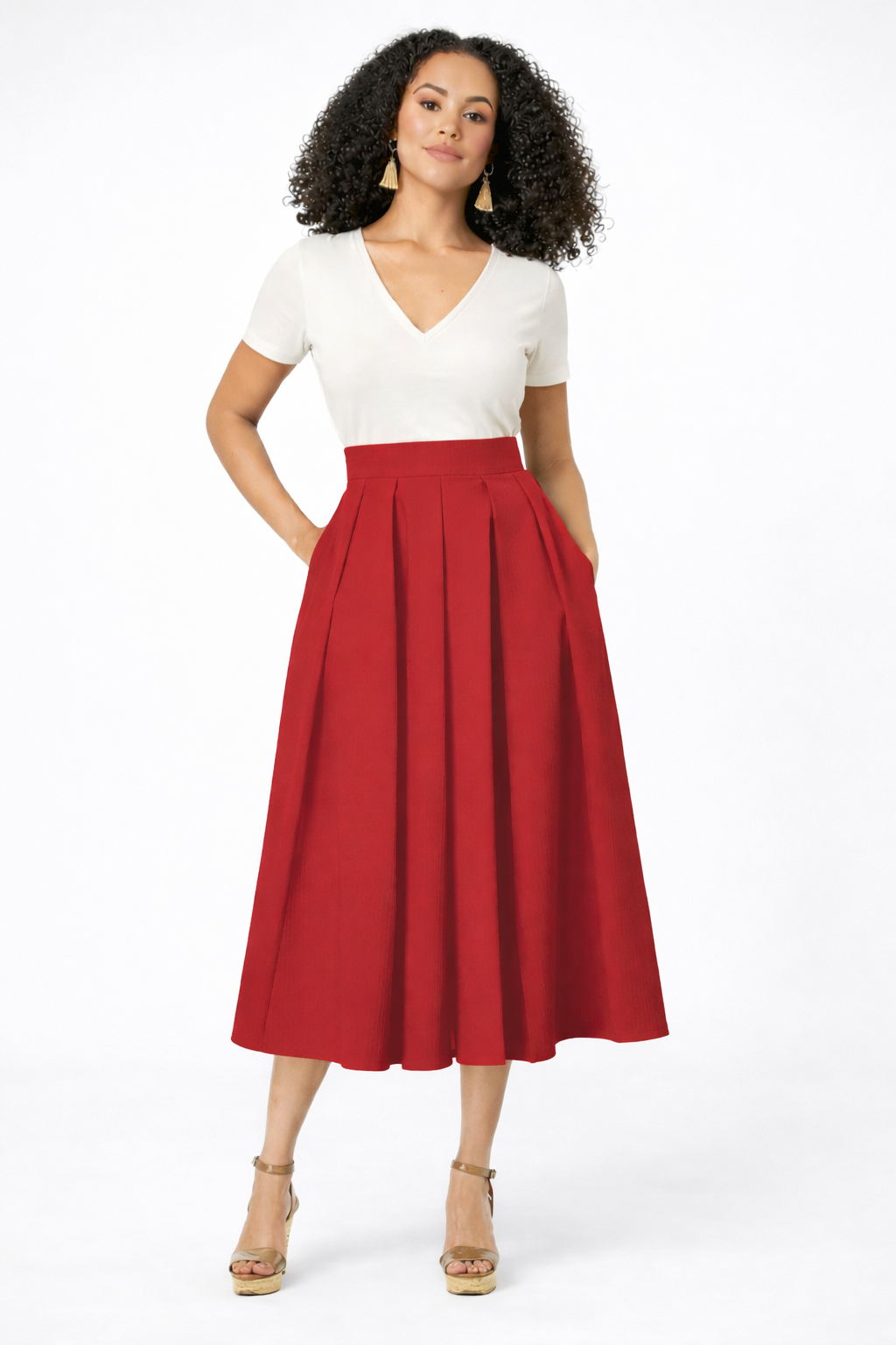 Pleated Cotton Poplin Midi Skirt
