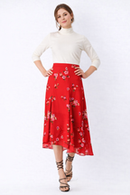 Asymmetric Flounce Hem Floral Print Georgette Skirt