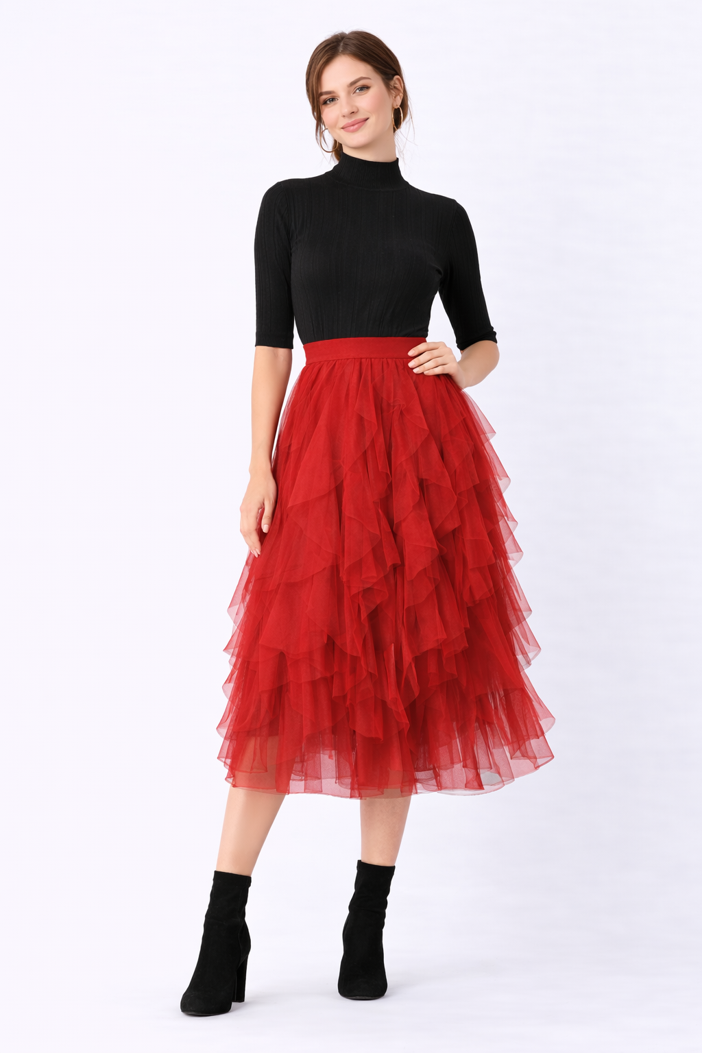 Raw Edge Ruffle Asymmetric Layer Sheer Mesh Skirt