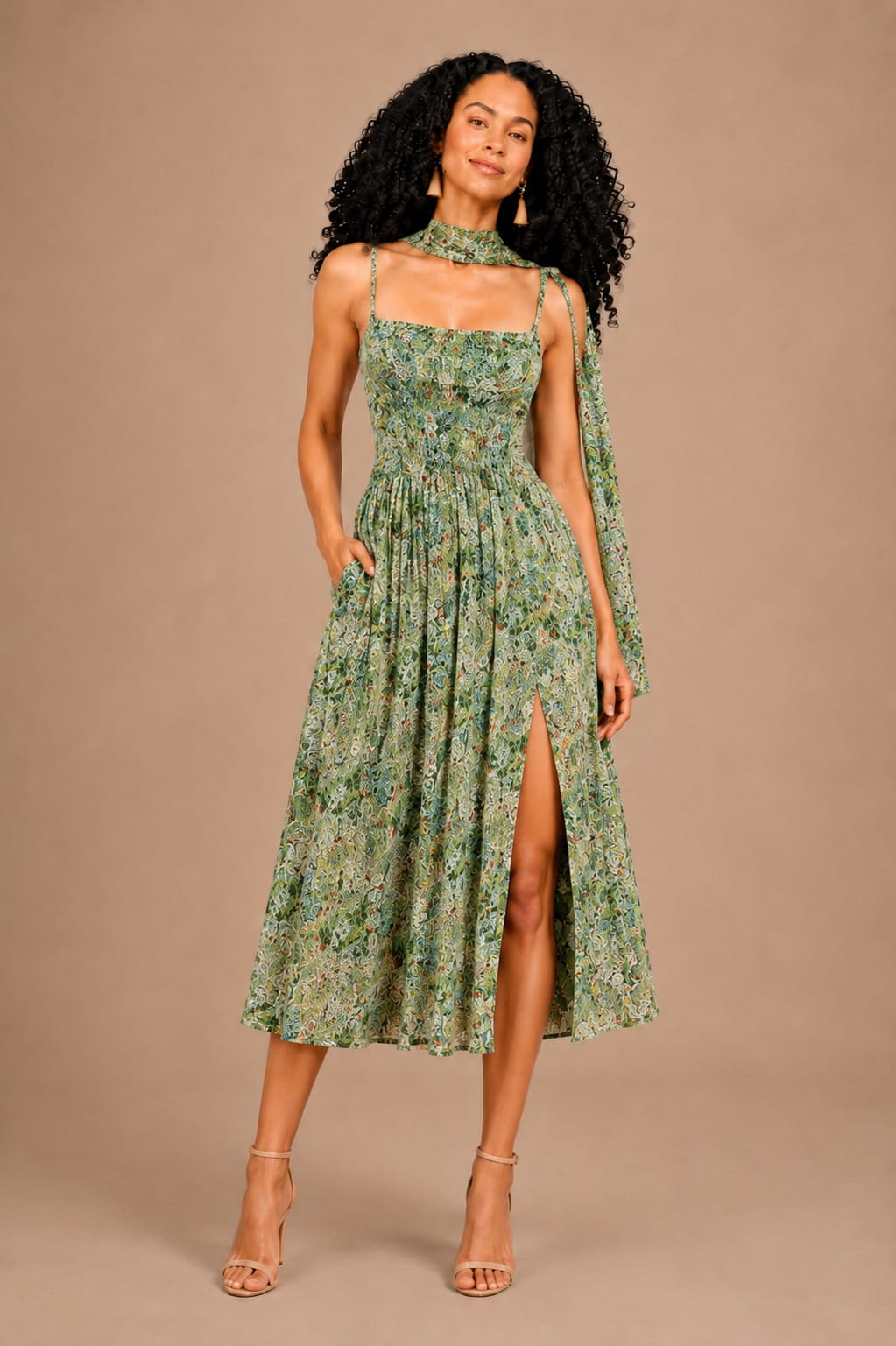 Floral Chiffon Smocked Midi Dress with Neck Scarf