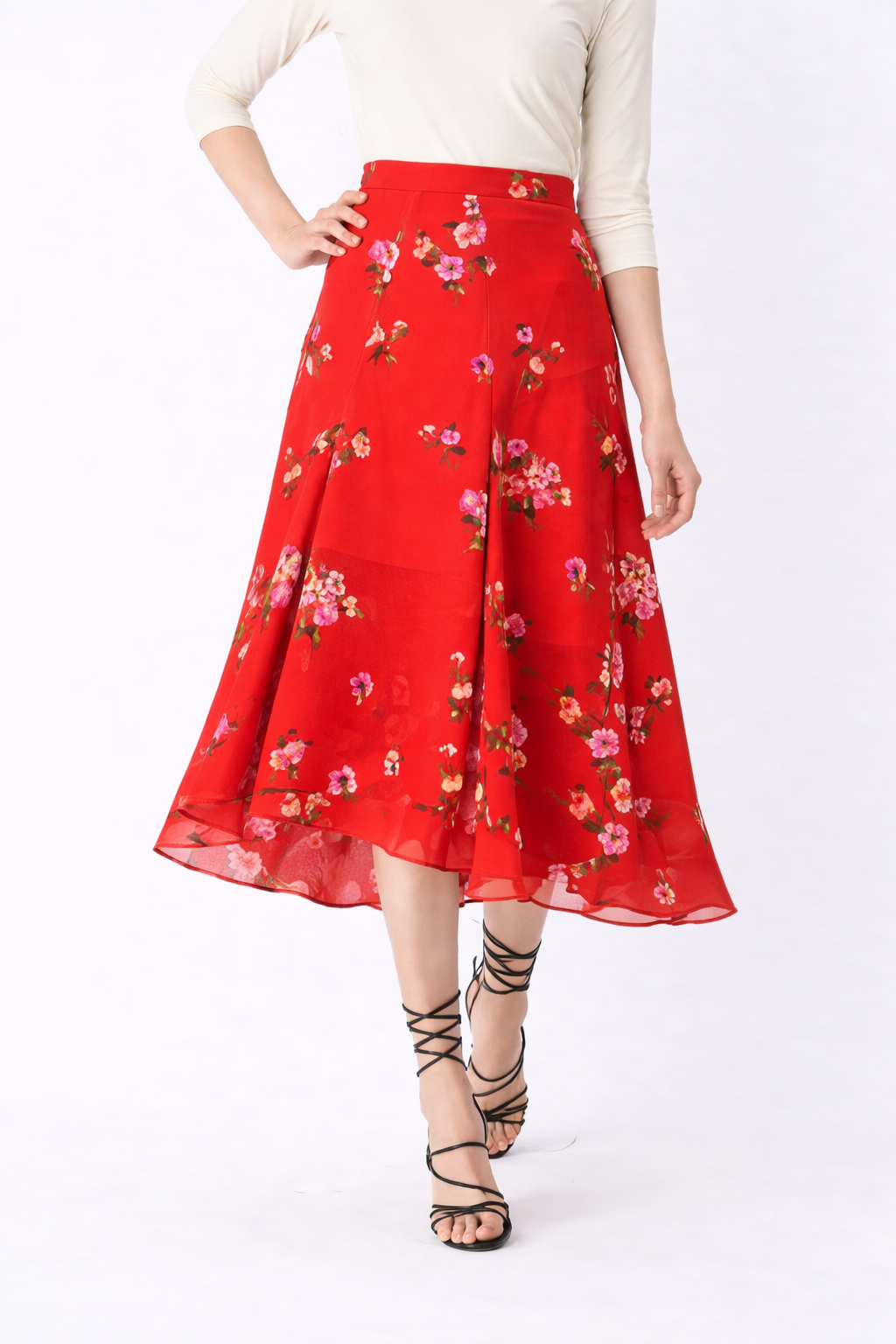 Asymmetric Flounce Hem Floral Print Georgette Skirt