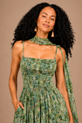Floral Chiffon Smocked Midi Dress with Neck Scarf
