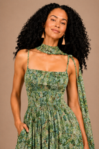 Floral Chiffon Smocked Midi Dress with Neck Scarf