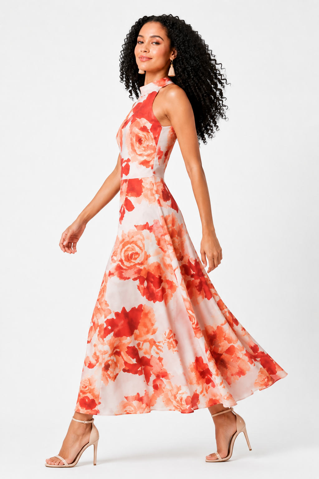 Rose Print Crepe Halter Dress