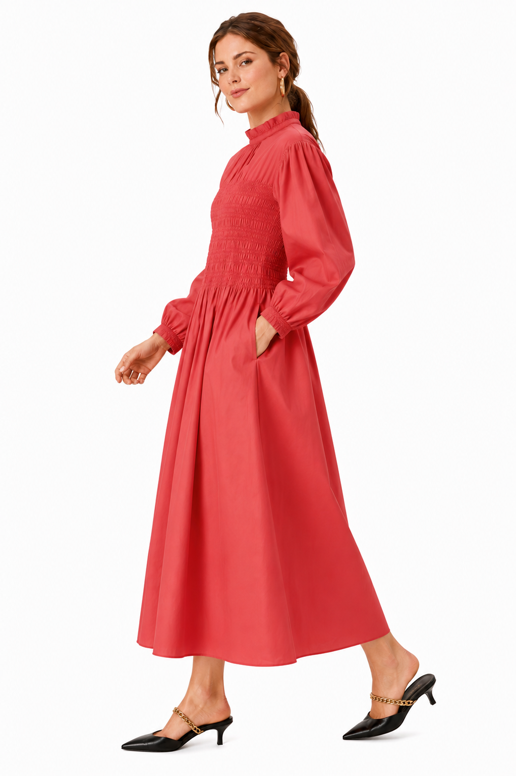 Smocked High-Neck Cotton Midi Dress