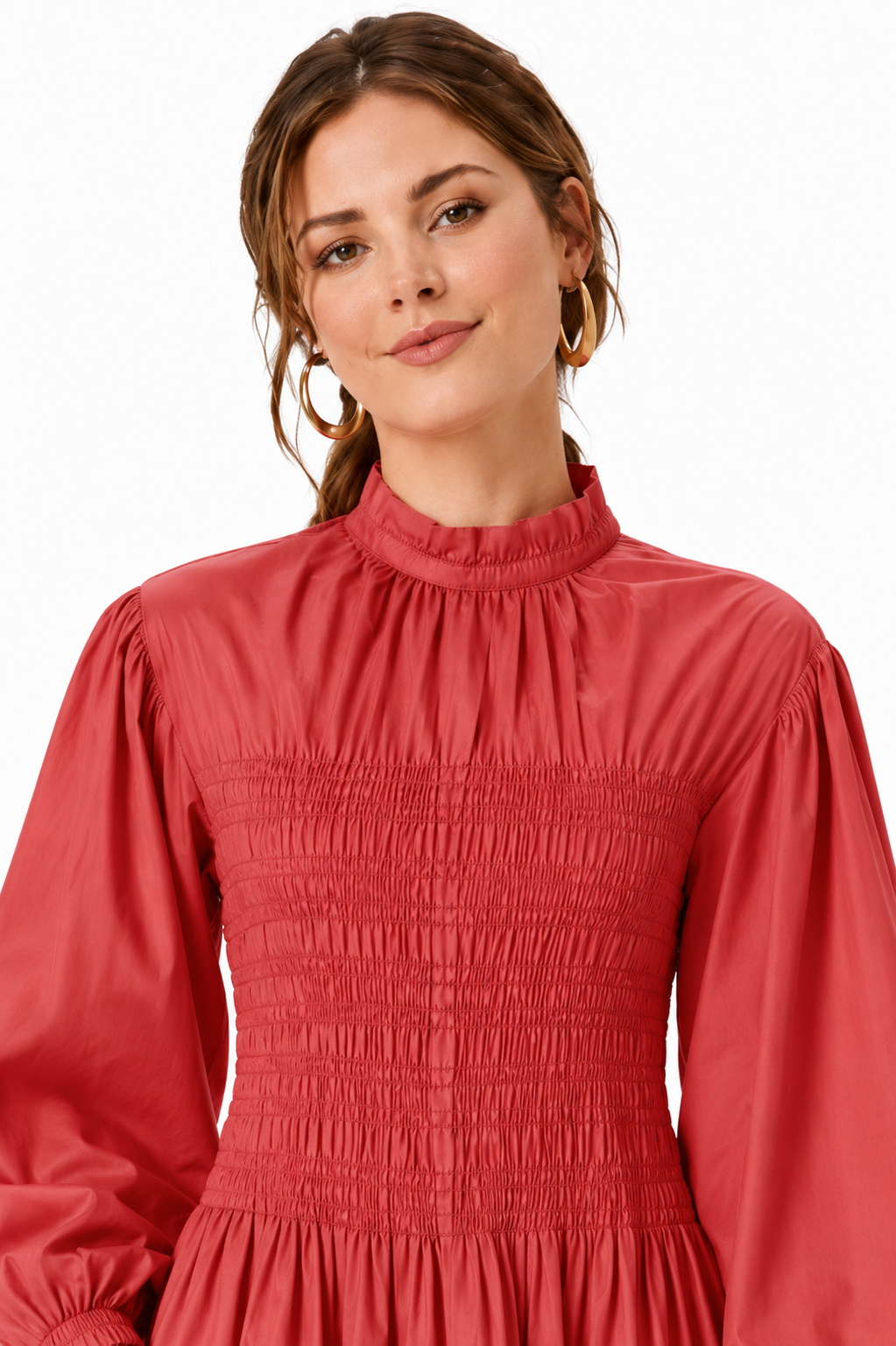 Smocked High-Neck Cotton Midi Dress