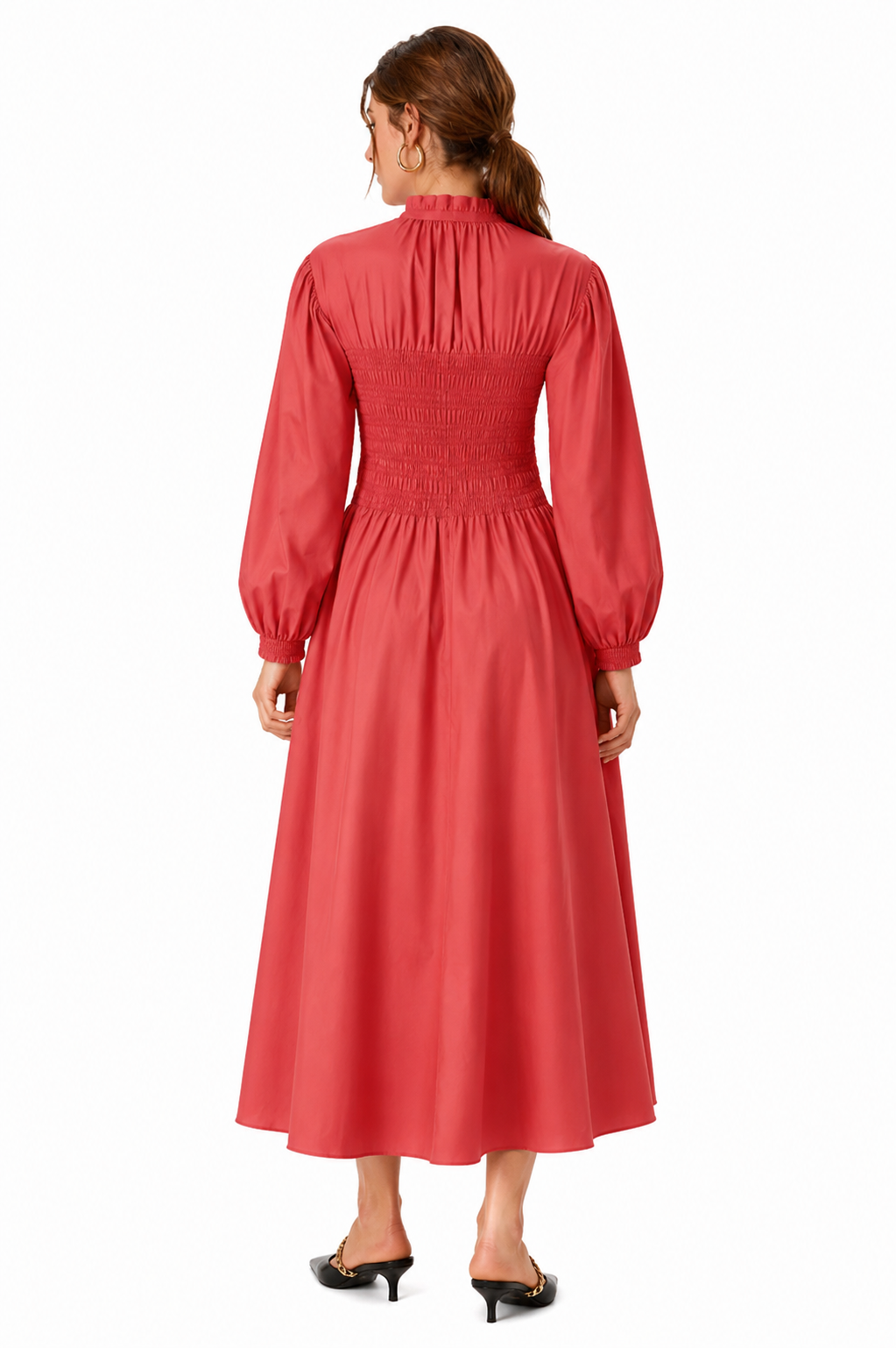 Smocked High-Neck Cotton Midi Dress