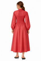 Smocked High-Neck Cotton Midi Dress
