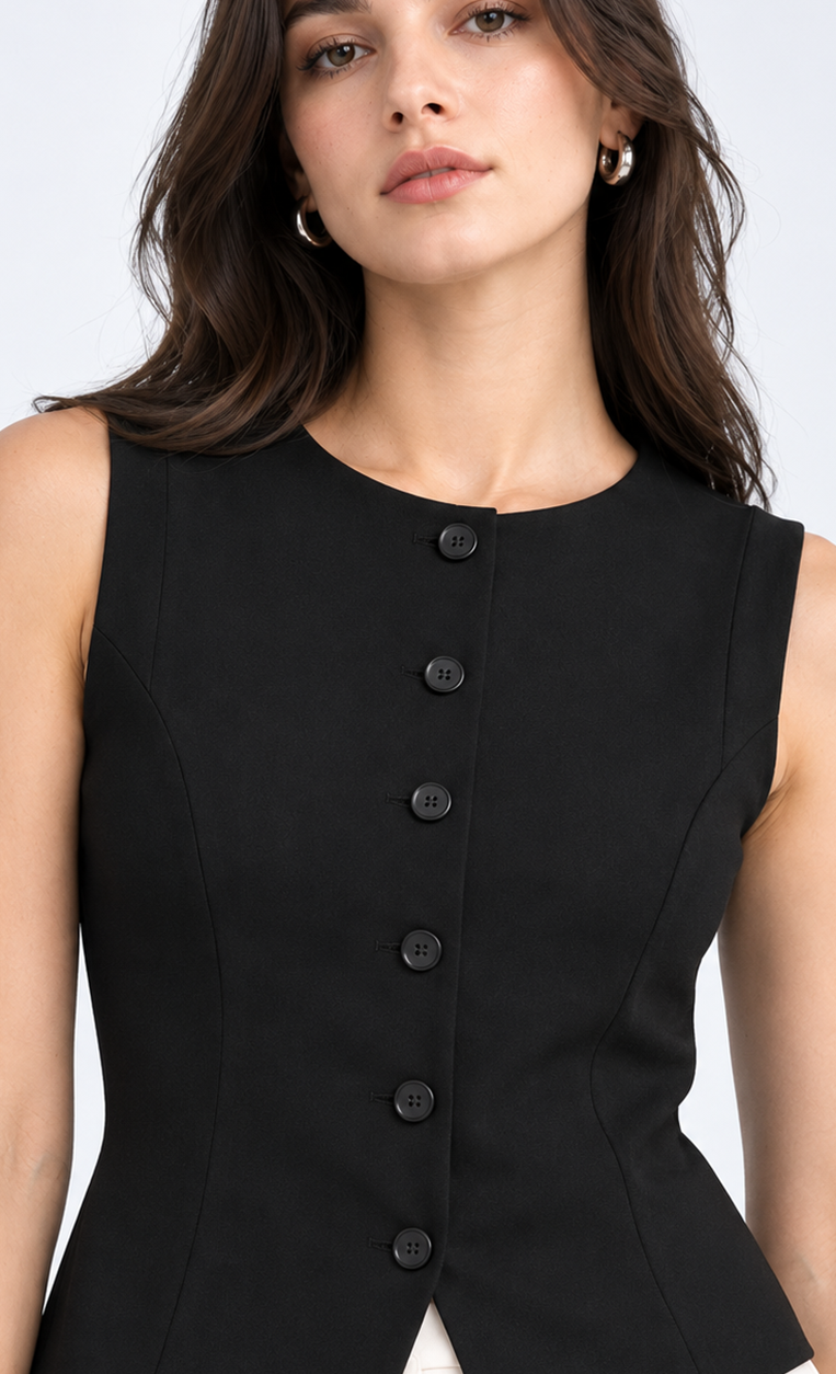 A close-up of a woman wearing a sleeveless black top with a button-front neckline and dark buttons, photographed against a light gray studio background.