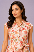Floral Print Cotton Voile Ruffle Trim Shirtdress