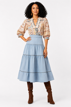 Ice Blue Tiered Denim Midi Skirt