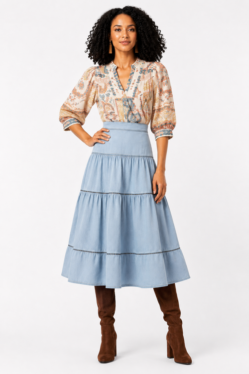 Ice Blue Tiered Denim Midi Skirt