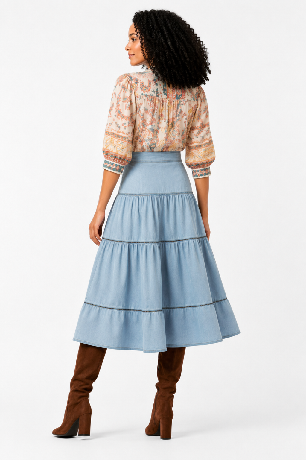 Ice Blue Tiered Denim Midi Skirt