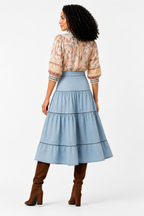 Ice Blue Tiered Denim Midi Skirt