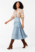 Ice Blue Tiered Denim Midi Skirt