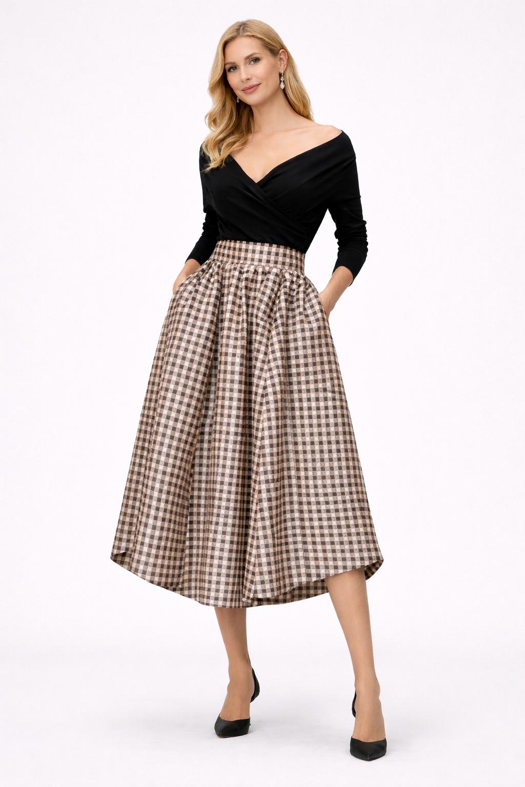 Dupioni High-Low Full Skirt Check Print