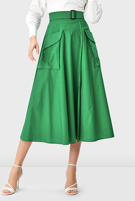 Cargo pocket cotton poplin faux-wrap skirt