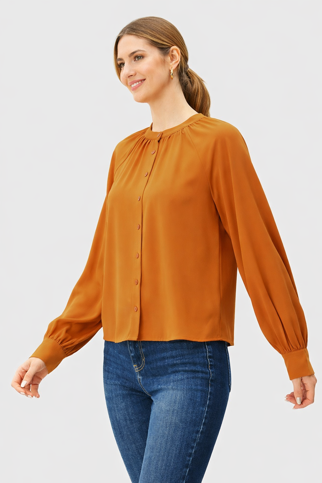 Poly Twill Crepe Ruched Button Front Blouse