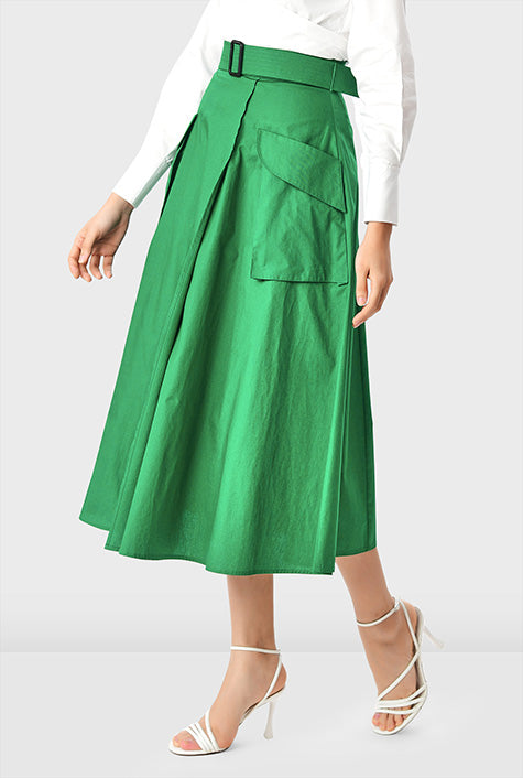 Cargo pocket cotton poplin faux-wrap skirt