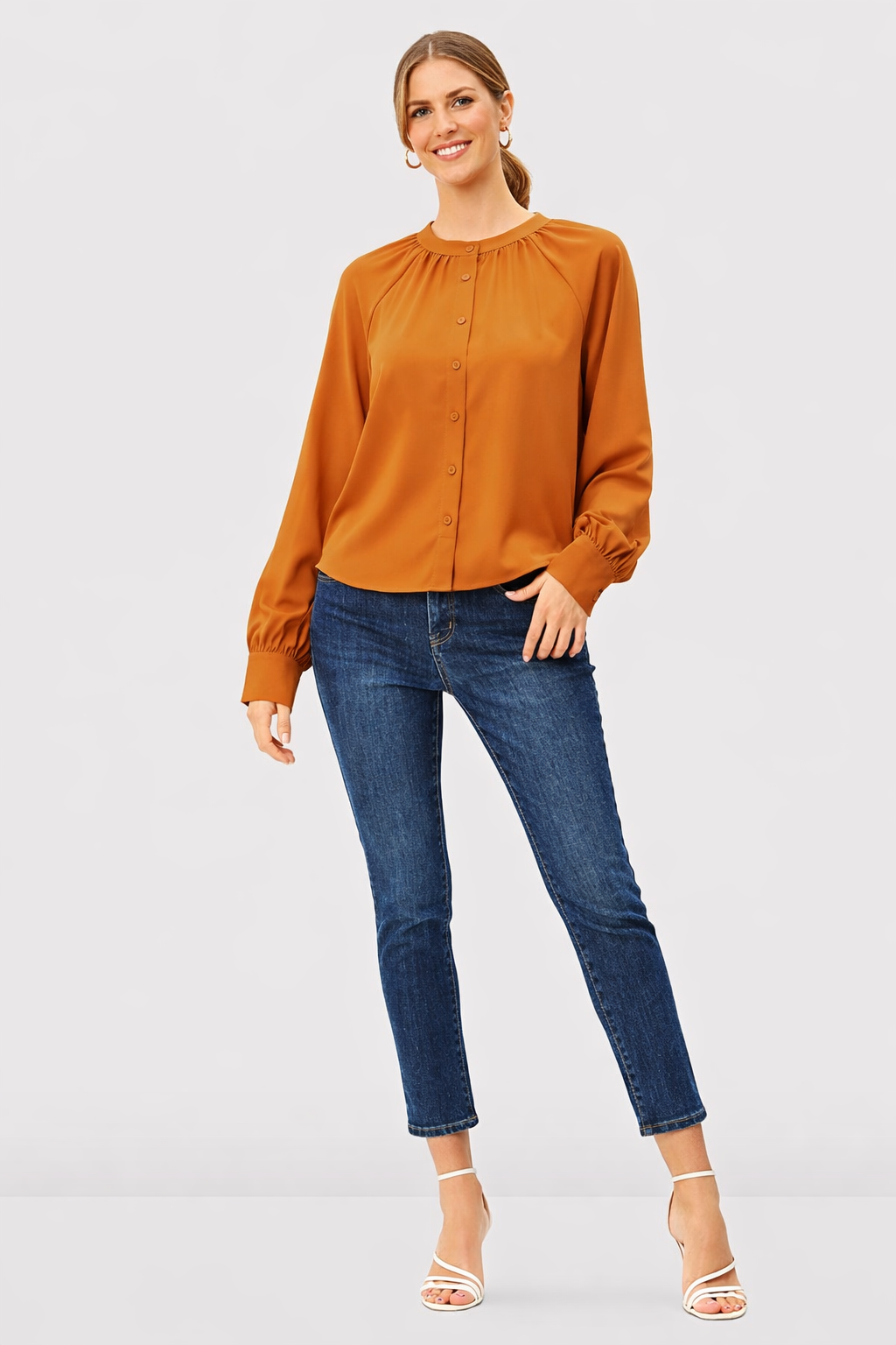 Poly Twill Crepe Ruched Button Front Blouse