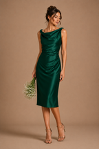 Emerald Satin Draped Midi Dress