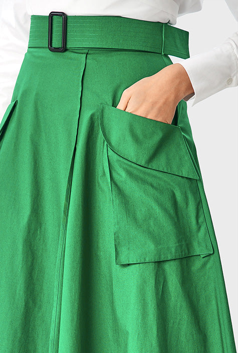 Cargo pocket cotton poplin faux-wrap skirt