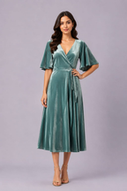 Flutter Sleeve Stretch Velvet Wrap Dress
