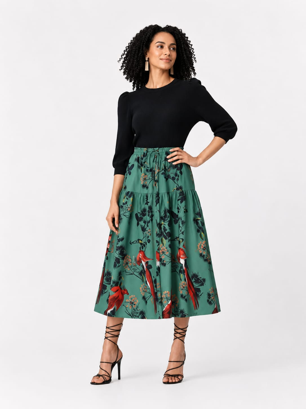 Sage Green Botanical Print Tiered Midi Skirt