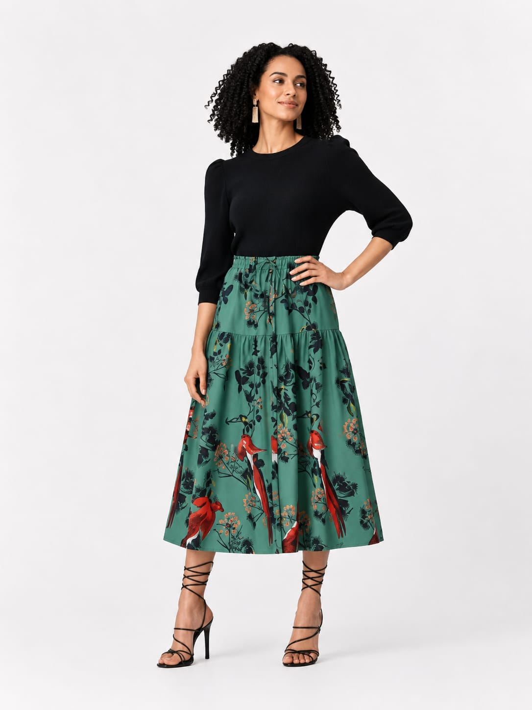 Sage Green Botanical Print Tiered Midi Skirt