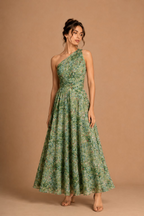 One-Shoulder Pleated Floral Chiffon Maxi Dress