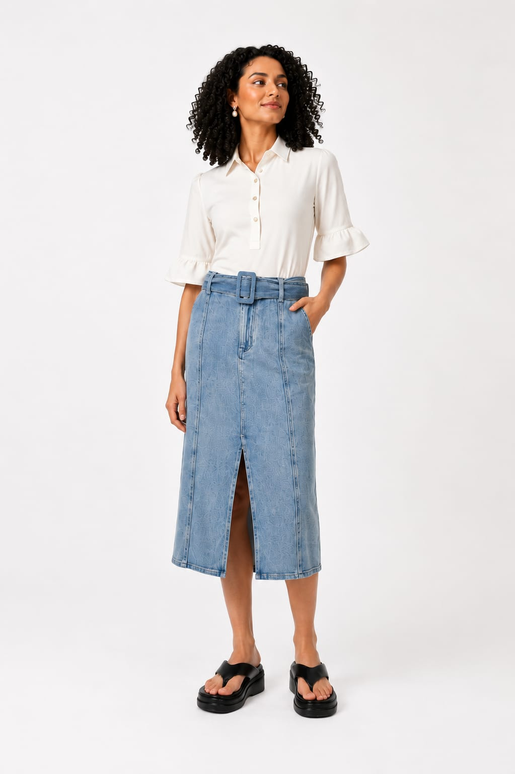 Belted Denim Midi Pencil Skirt