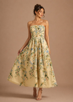 Strapless Floral Satin A-Line Maxi Dress