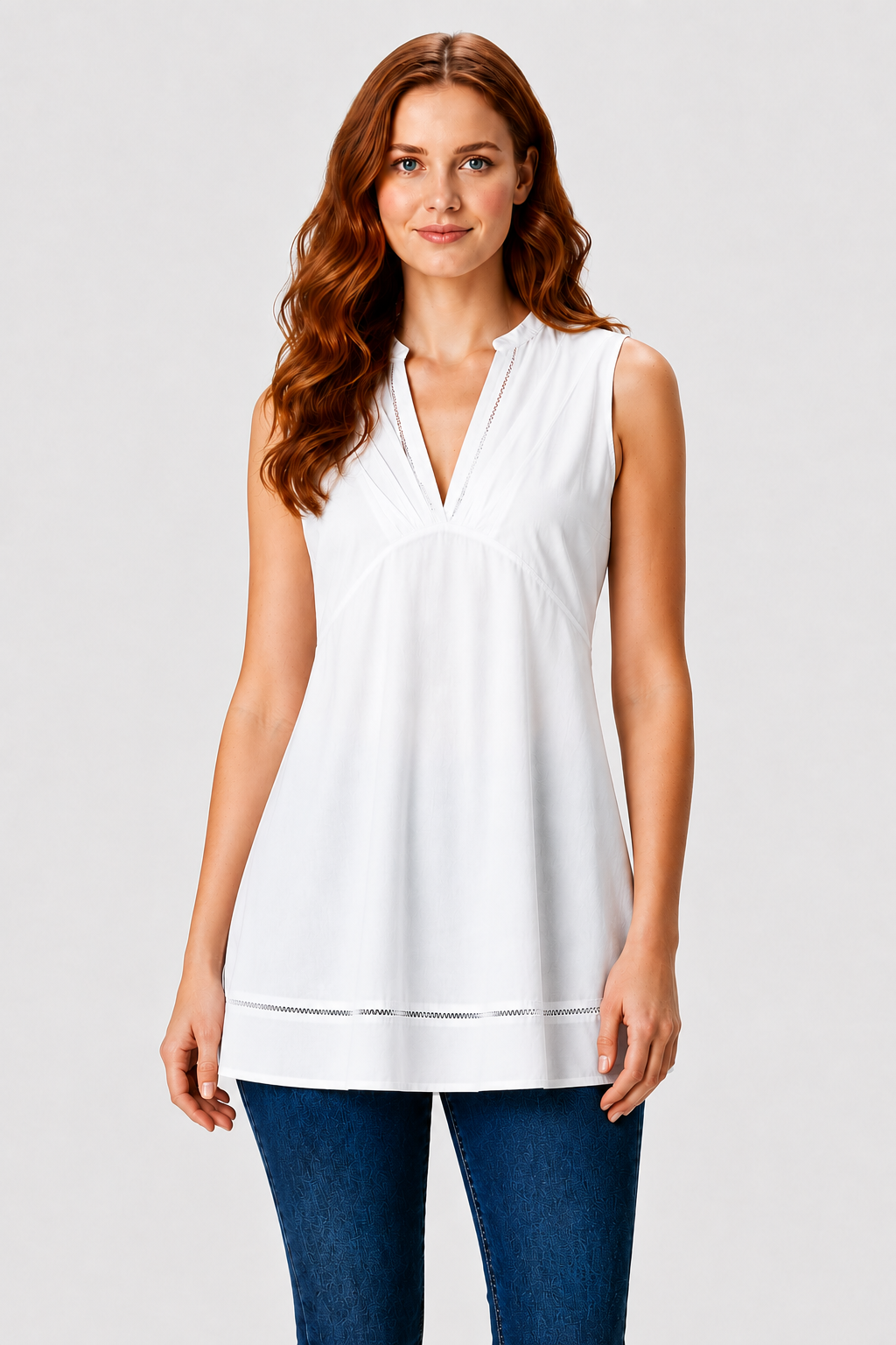 Lattice Trim Cotton Poplin Empire Tunic