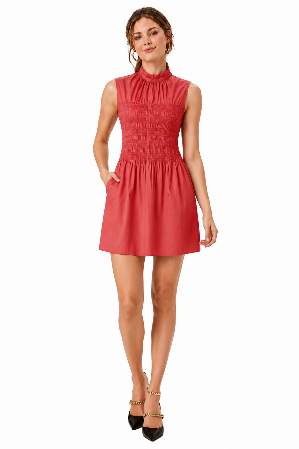 Smocked High-Neck Cotton Midi Dress