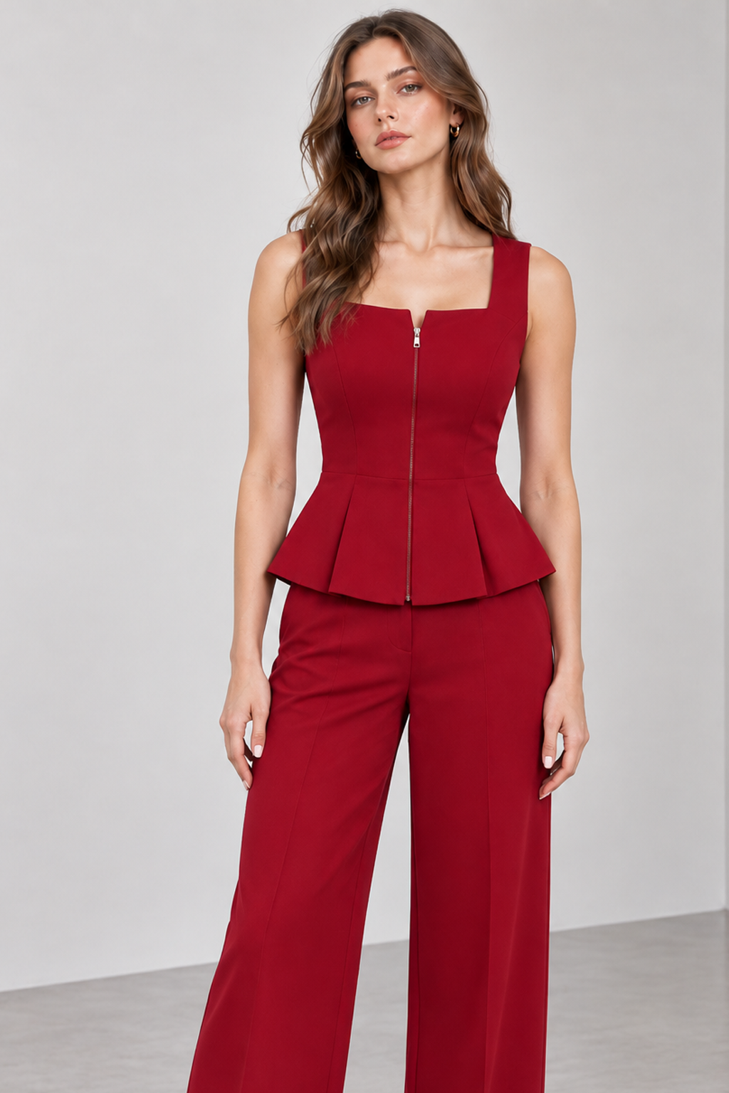 Women’s Red Cotton Blend Square Neck Peplum Top